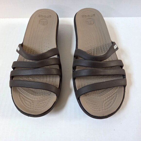 Crocs Sandals Womens 7 Brown Rhonda Strappy Wedge Slides Beach Casual Vacation - Picture 1 of 10